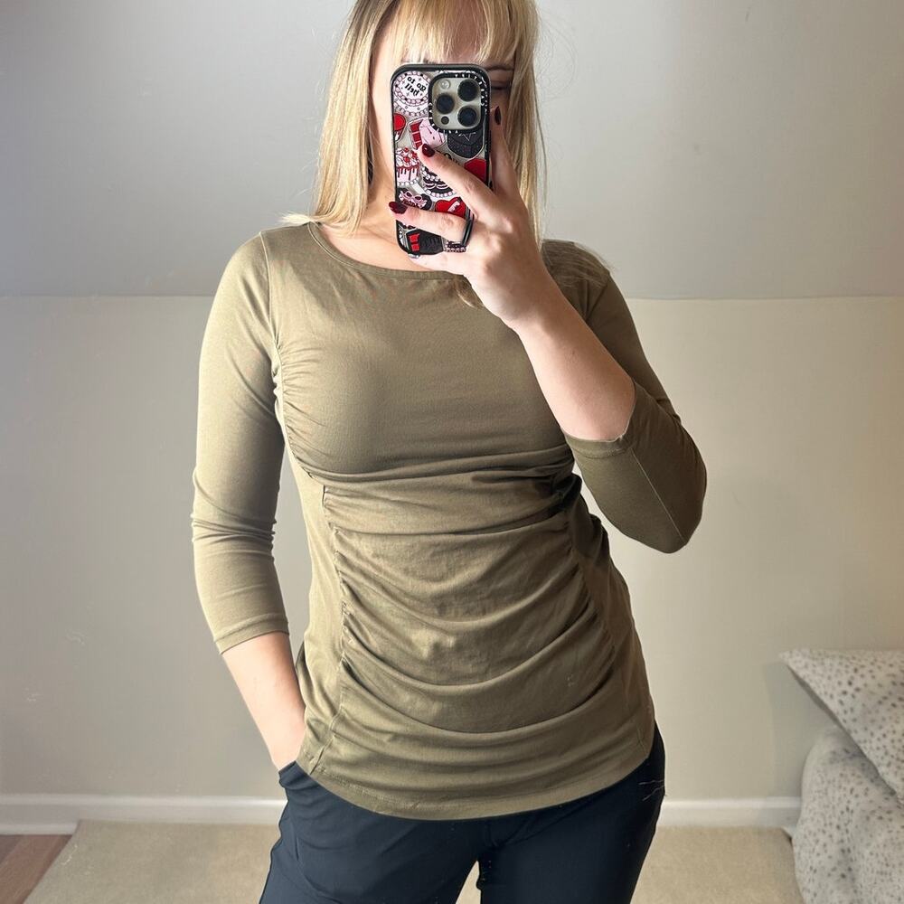 Sundance: Olive-Brown Draped Front Ruched 3/4 Sleeve Top - Picture 1 of 5